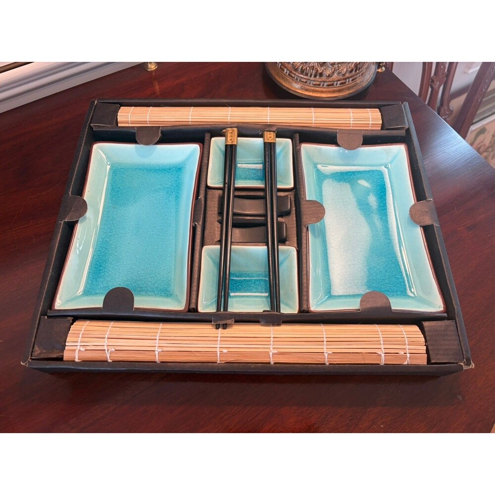 Complete Sushi Set for 2 Blue Crackle Plates Bows Chopsticks and Holders Matts